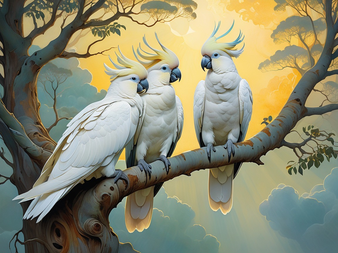 Elegant cockatoos perched on a branch at sunset