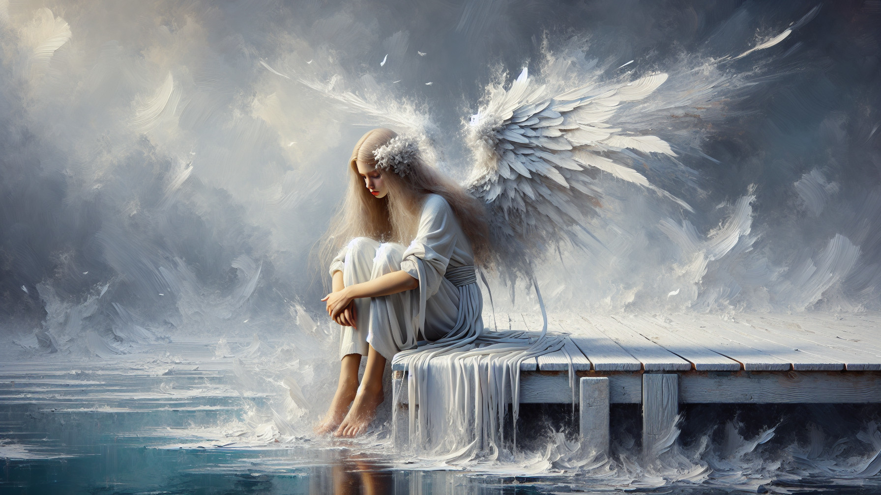 Angelic Figure by a Reflective Lake with Ethereal Wings