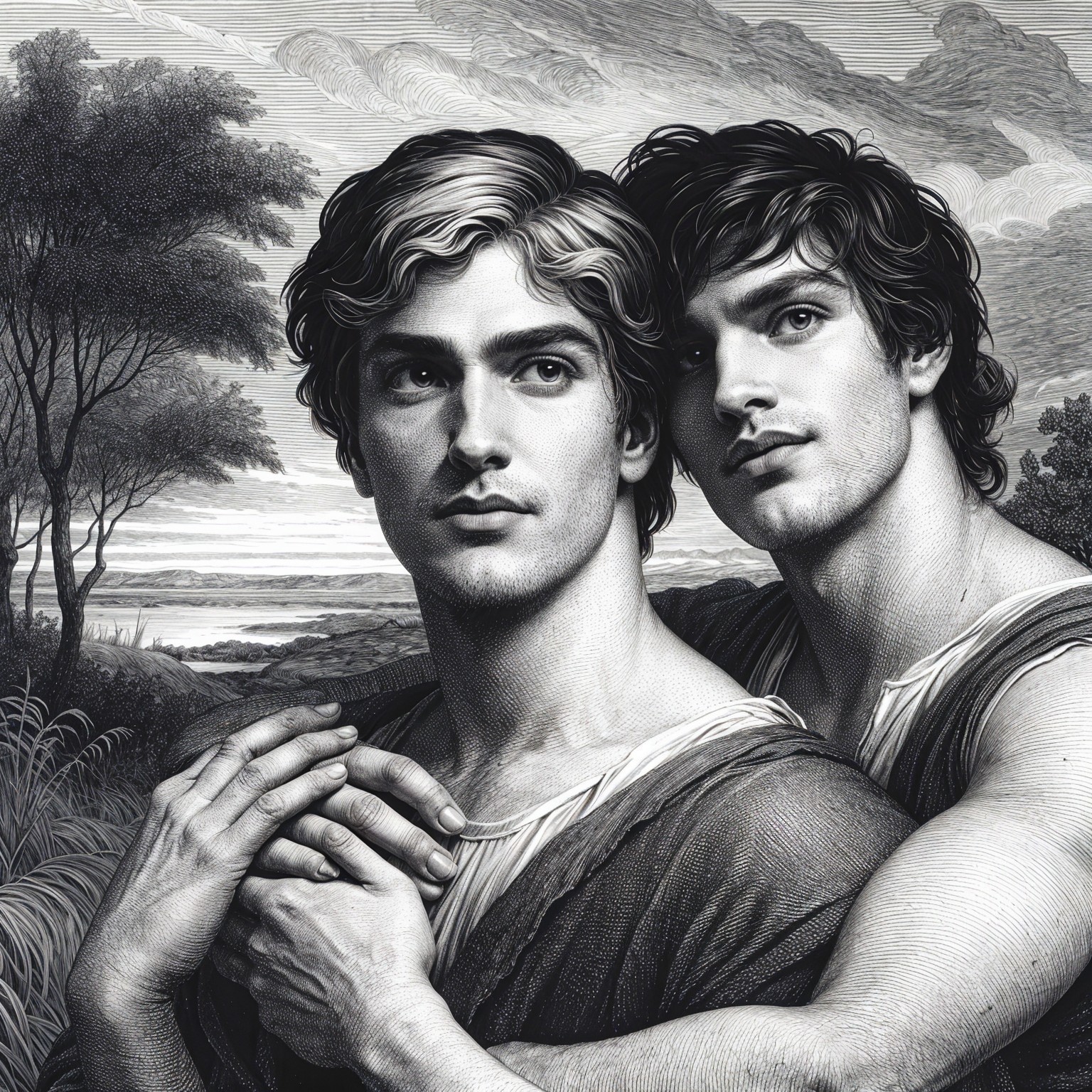 Intimate Black and White Artwork of Two Young Men
