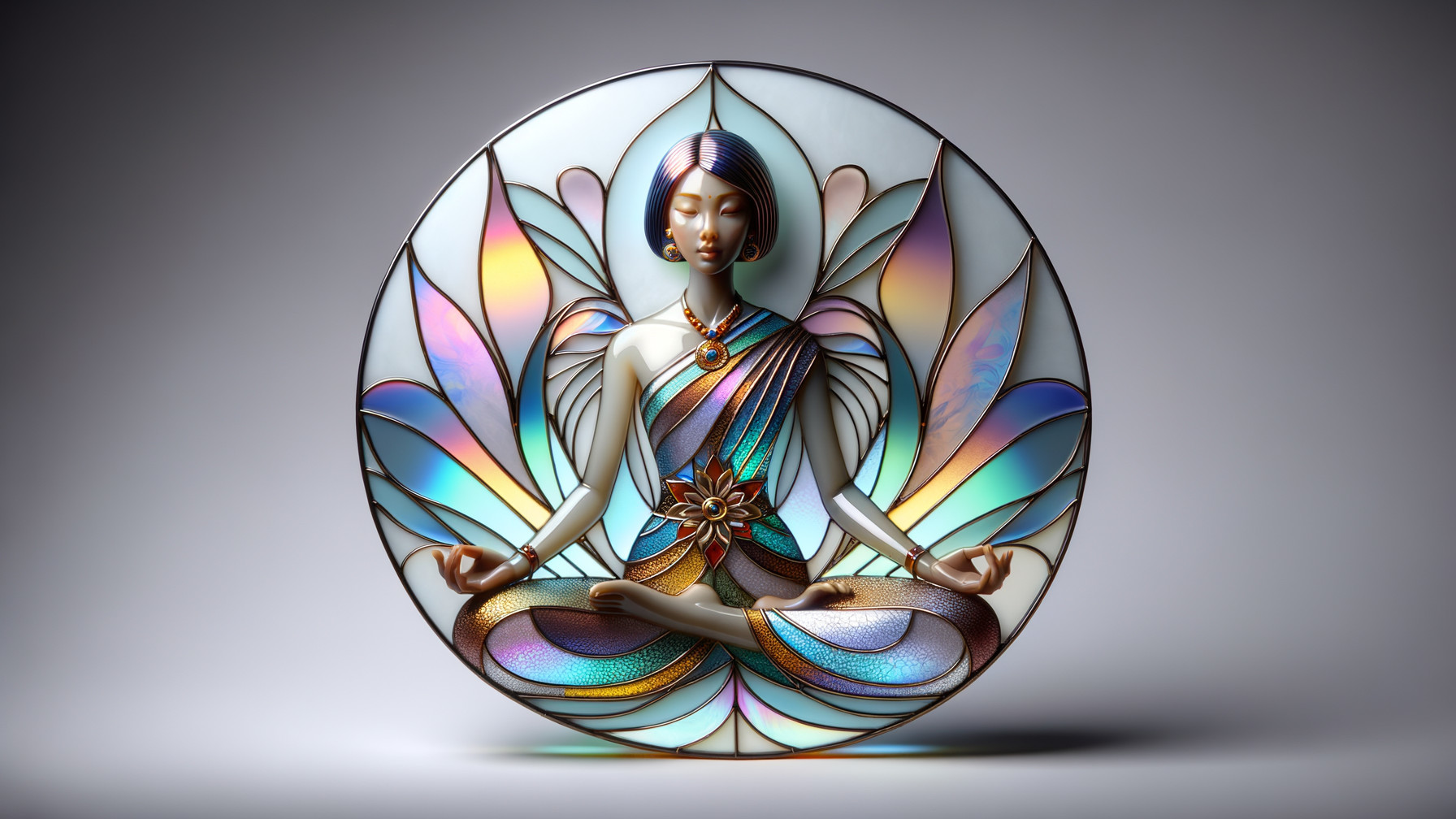 Stained Glass Art of Meditative Figure with Lotus Petals