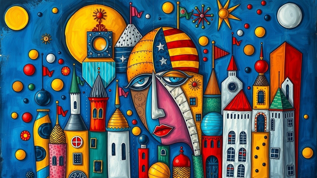 Whimsical Landscape with Colorful Buildings and Faces