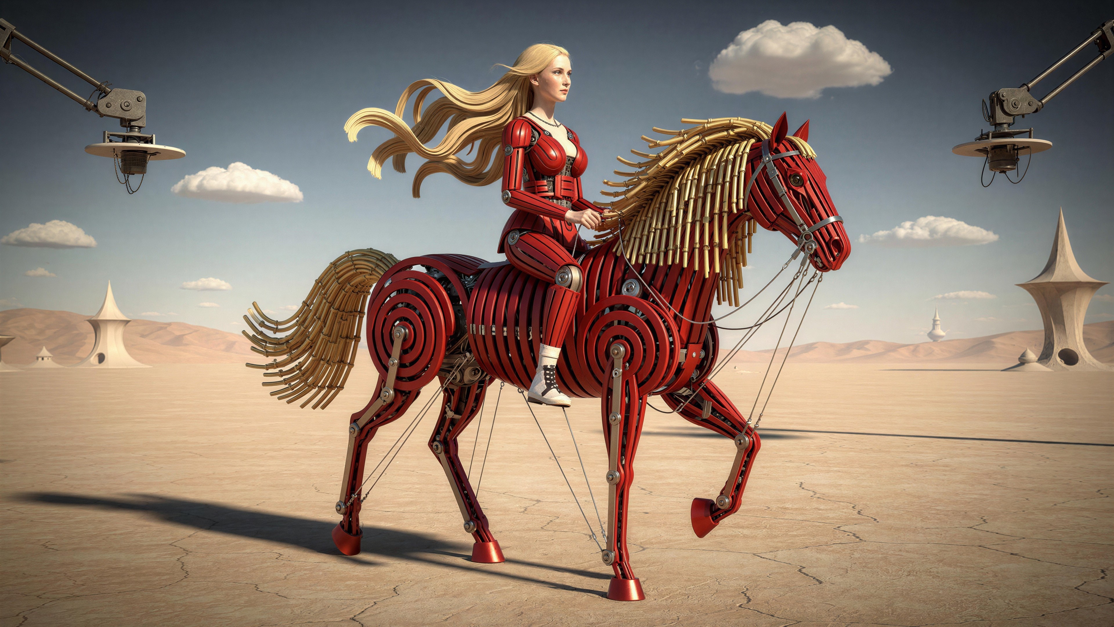 Blonde Woman in Red Suit Riding Mechanical Horse in Desert