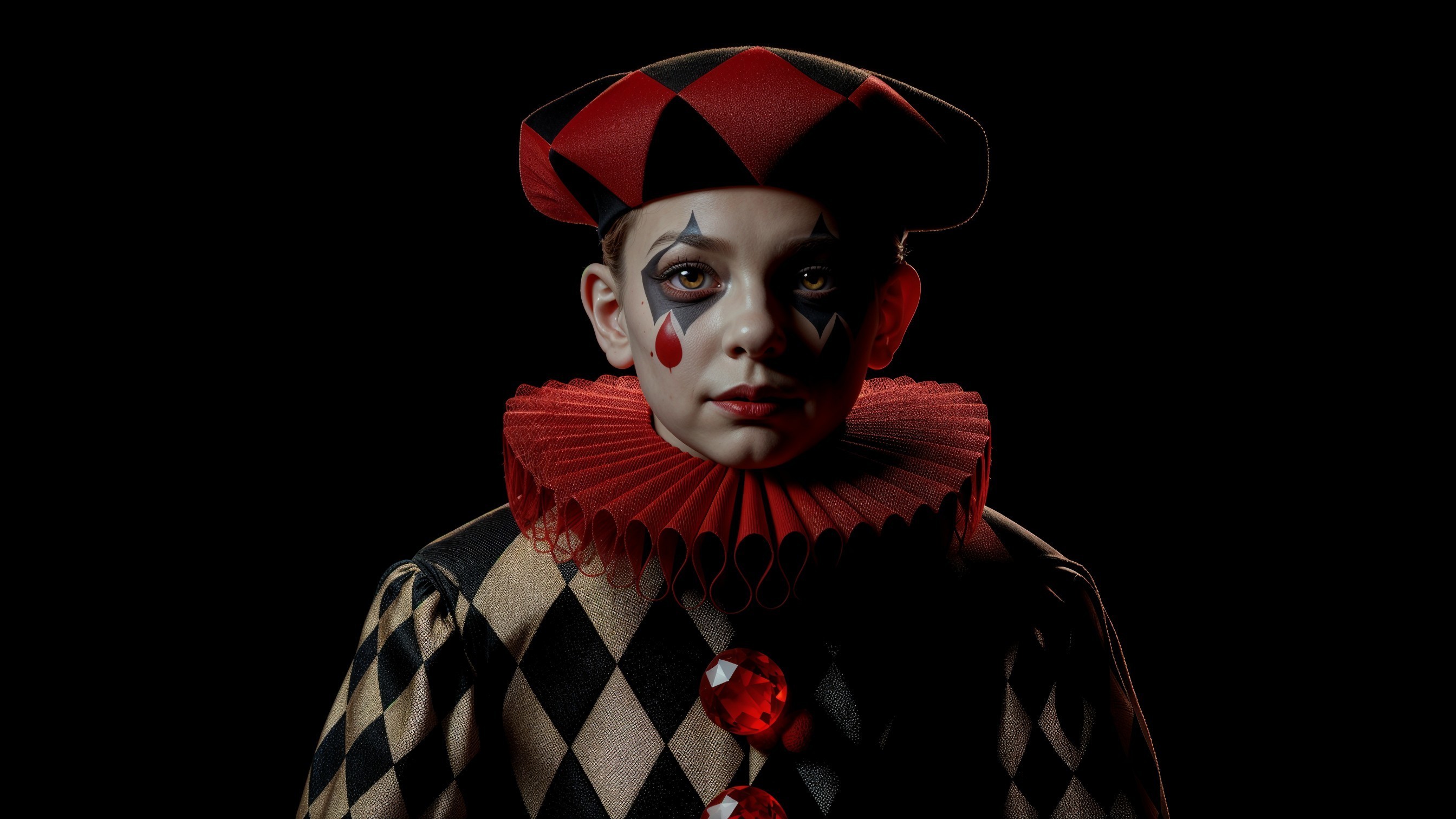 Young Clown in Black and Gold Harlequin Costume