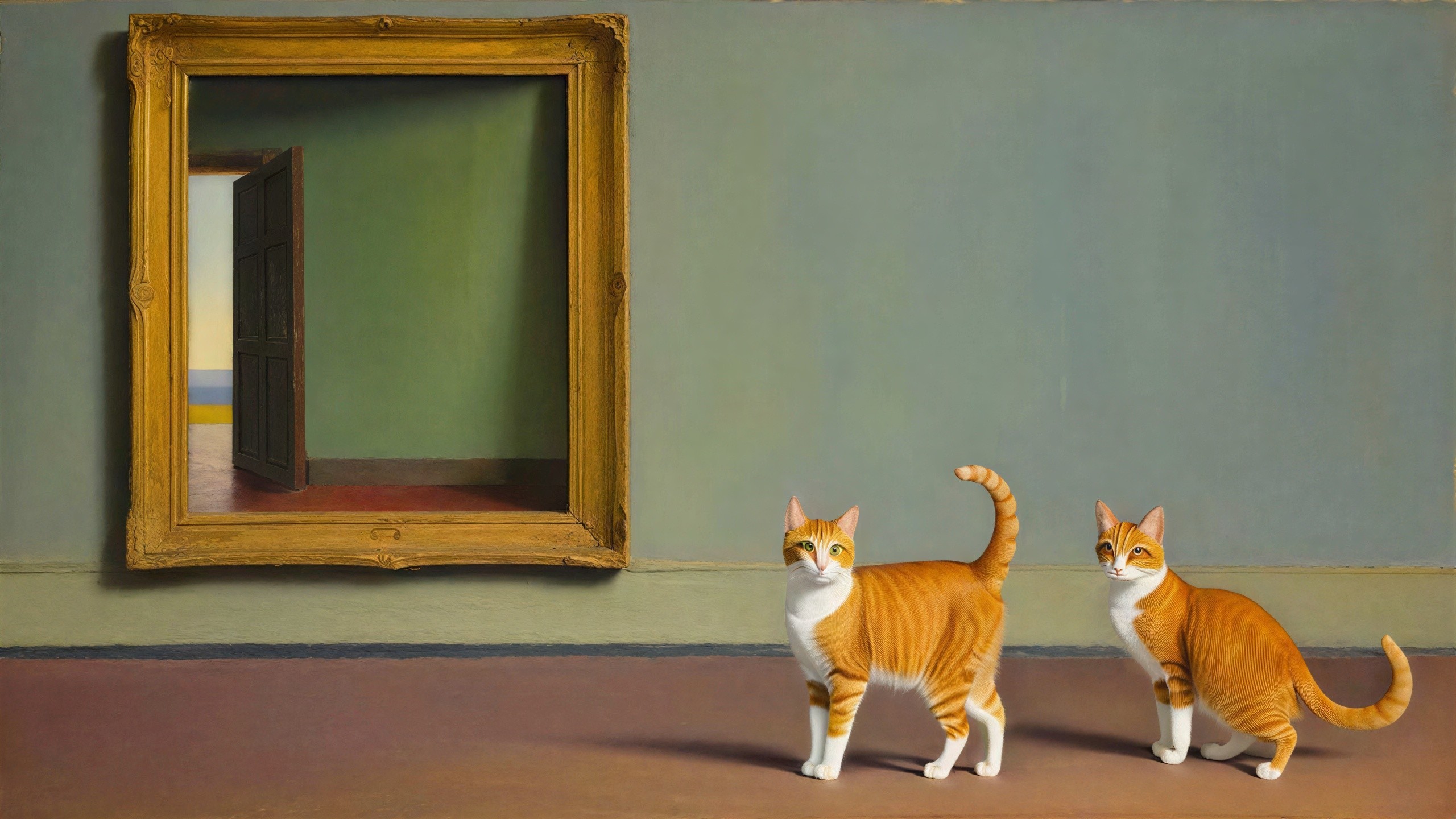 Hyperrealistic Oil Painting of Tabby Cats on Brown Floor