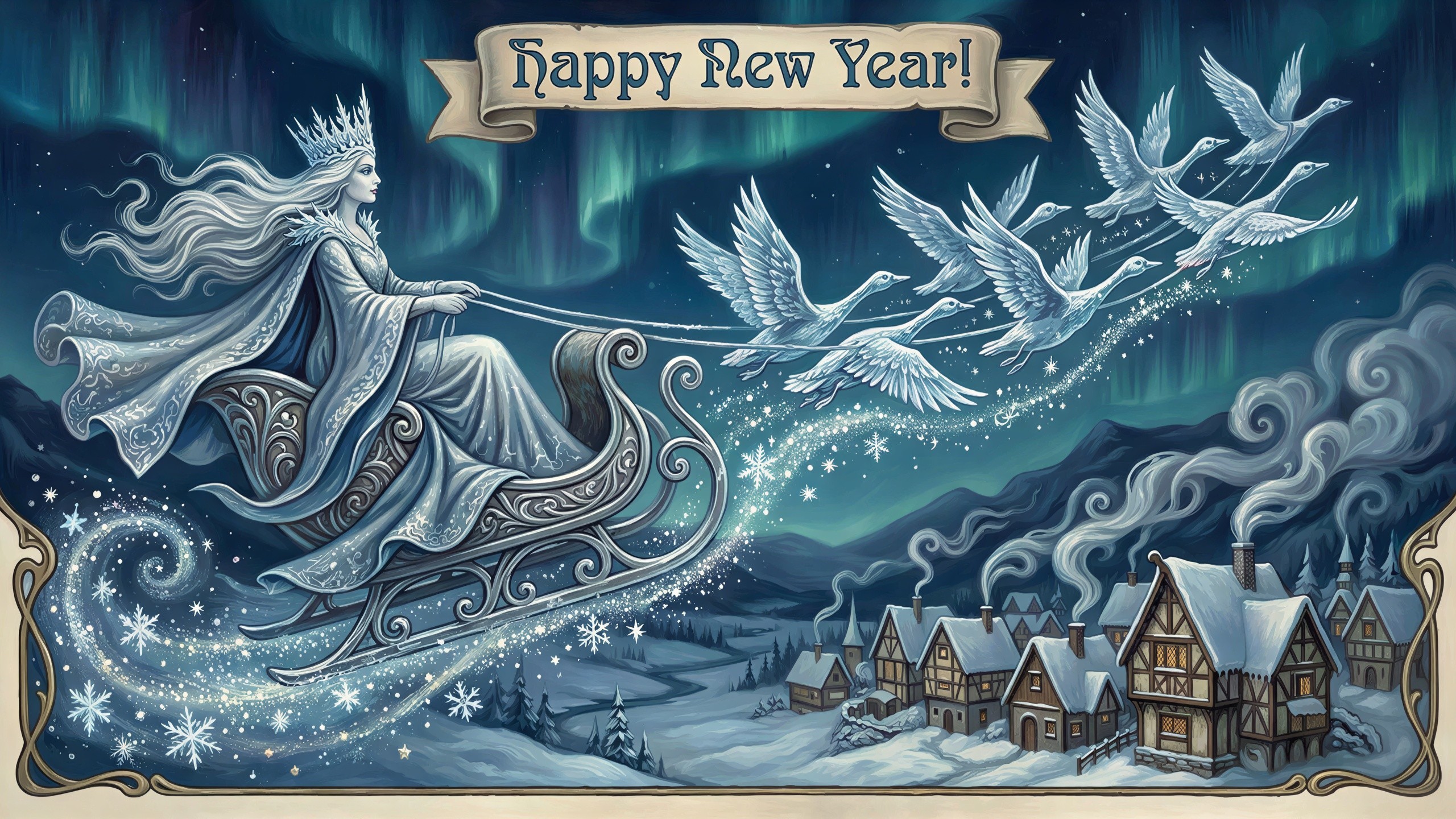 Snow Queen on Sleigh with Geese Under Northern Lights