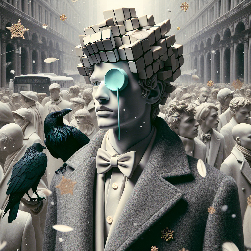 Surreal Monochromatic Crowd with Central Figure and Raven