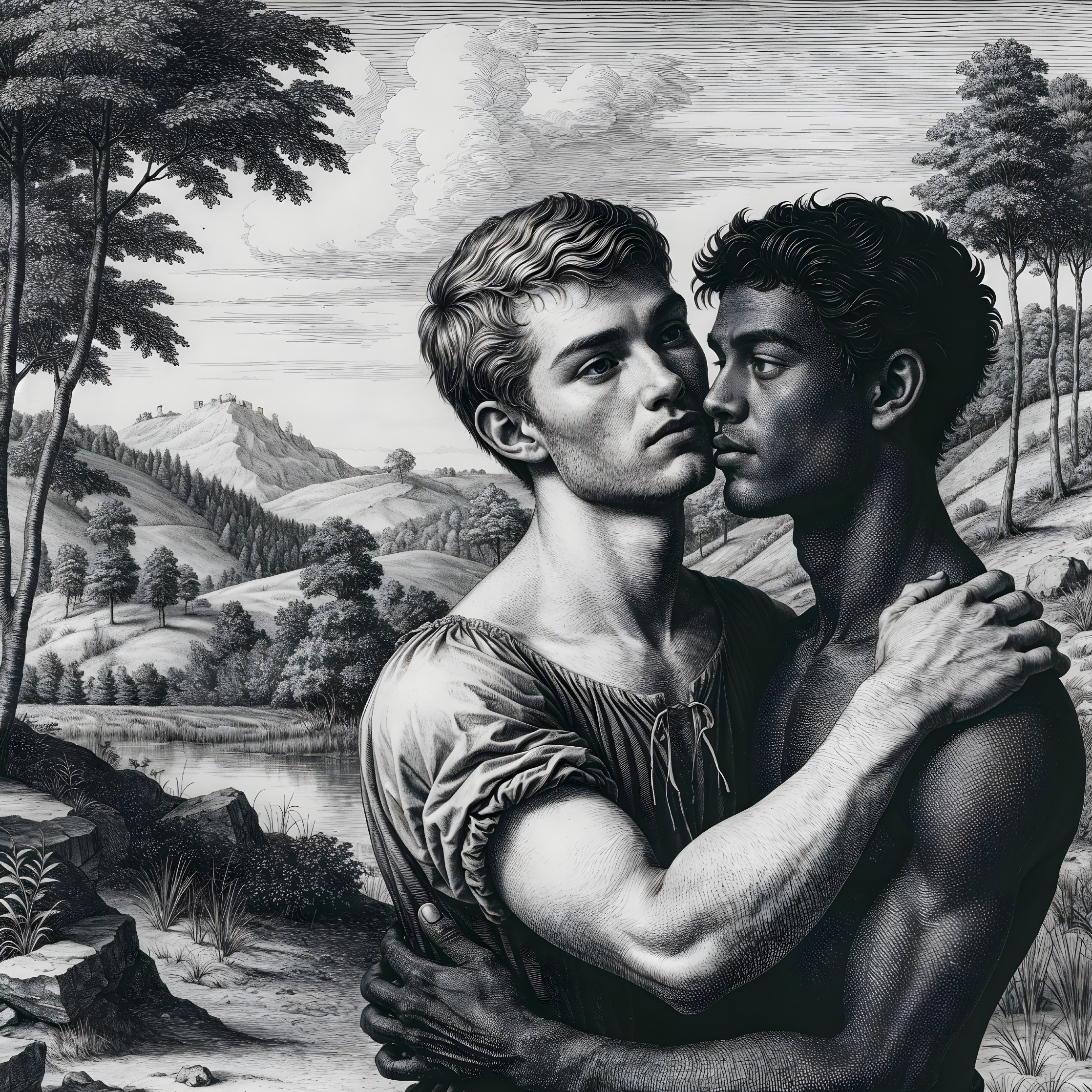 Young men embrace by a serene lakeside setting