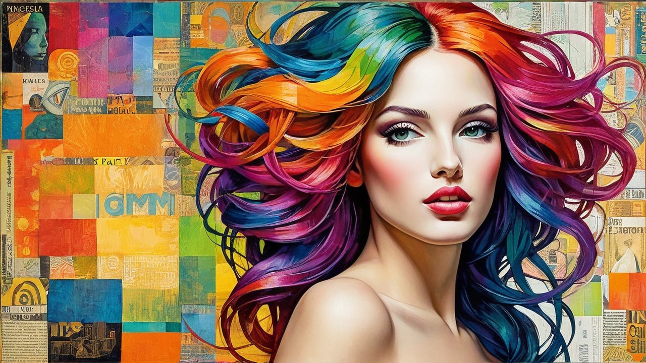 Portrait of a Woman with Multicolored Hair and Geometric Background
