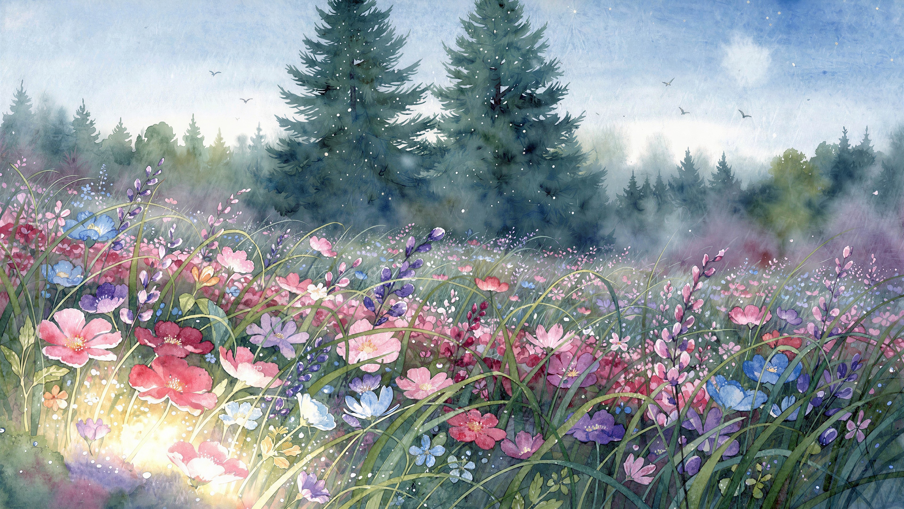 Watercolor Painting of Ethereal Forest Landscape
