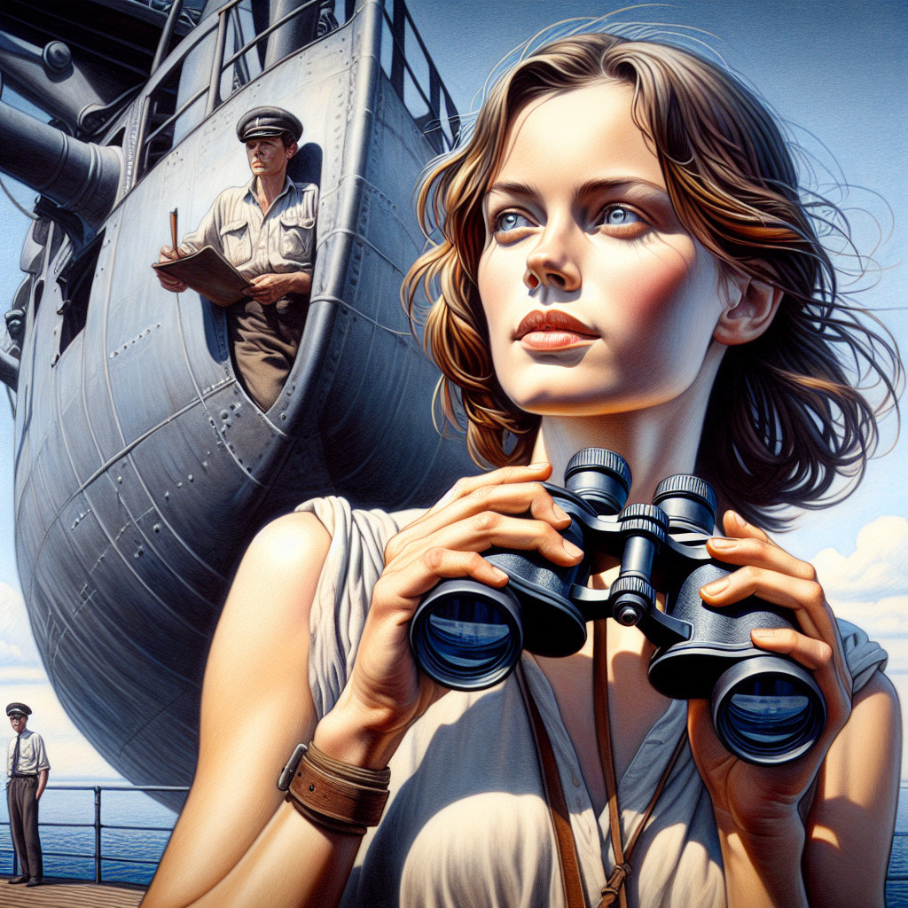 Young Woman with Binoculars on Ship at Sea