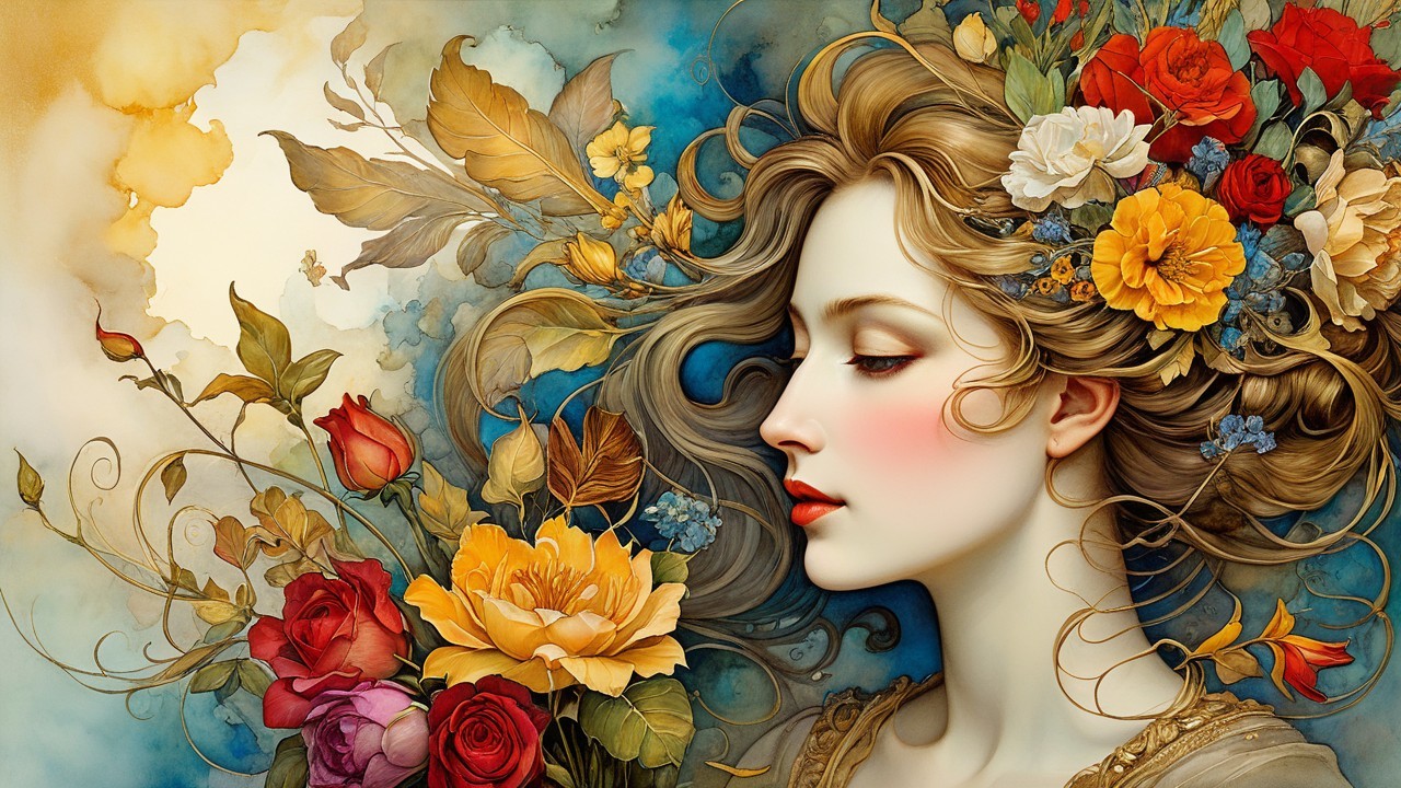 Stylized portrait of a woman with floral elements
