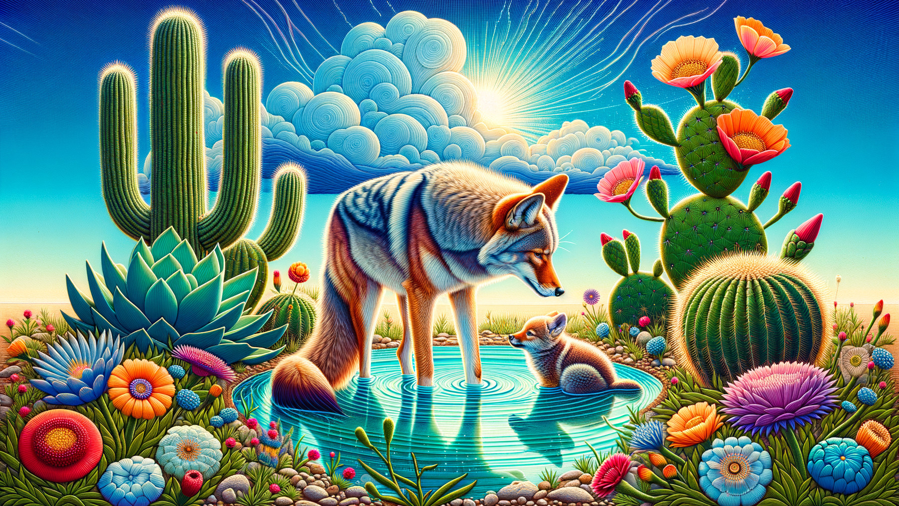 Desert Scene with Coyote and Colorful Flora