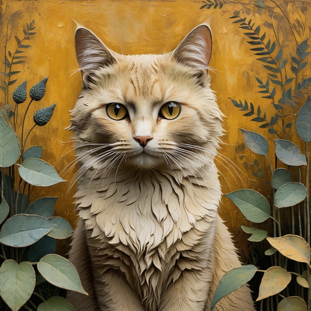 Golden Cat with Green Eyes Against Amber Background