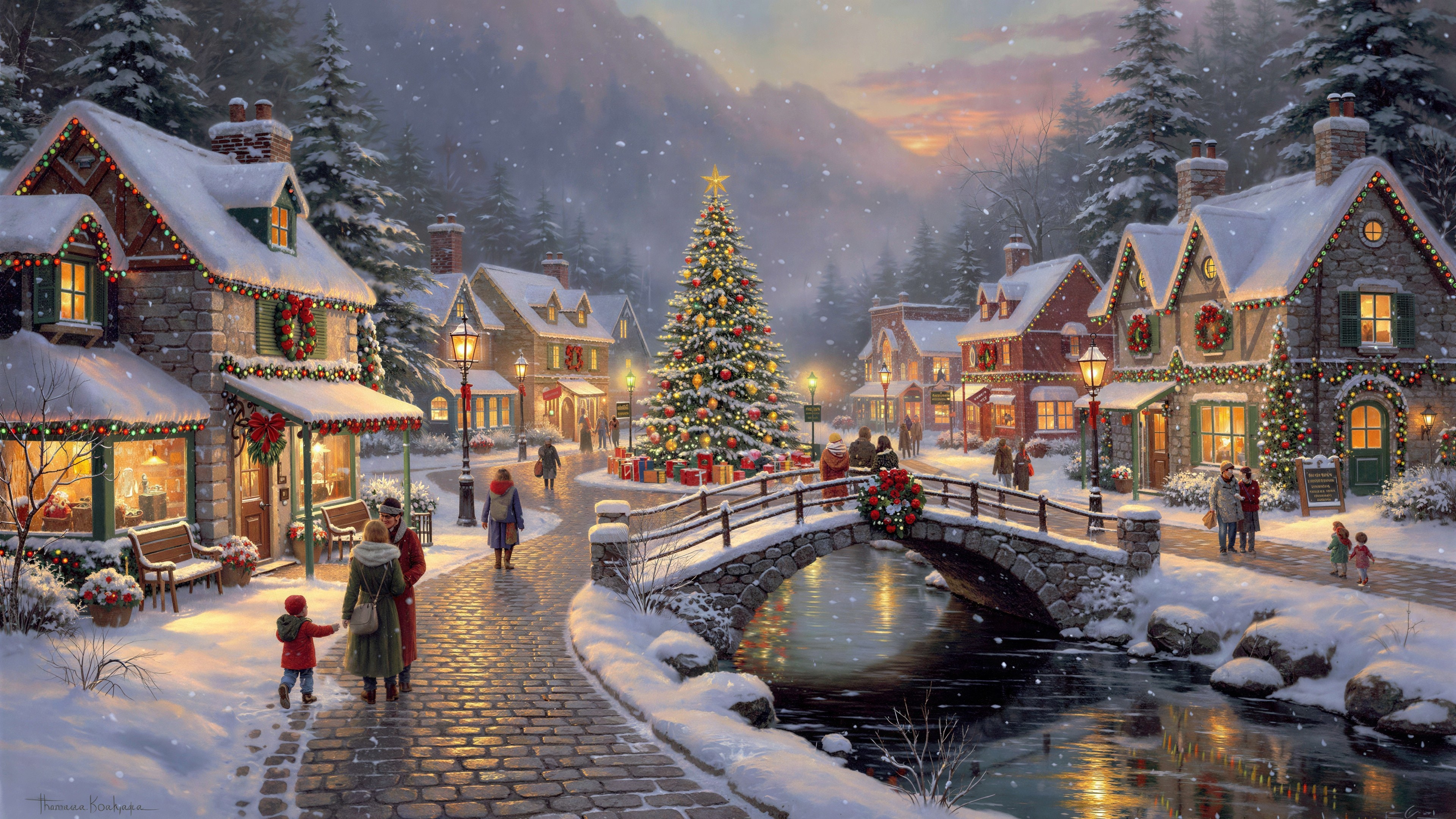 Traditional Winter Christmas Oil Painting of Snowy Village