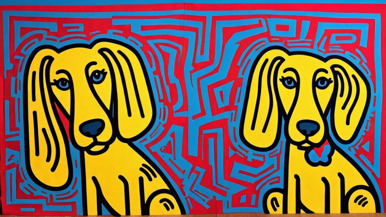 Vibrant Cartoon Yellow Dogs on Bold Maze Background