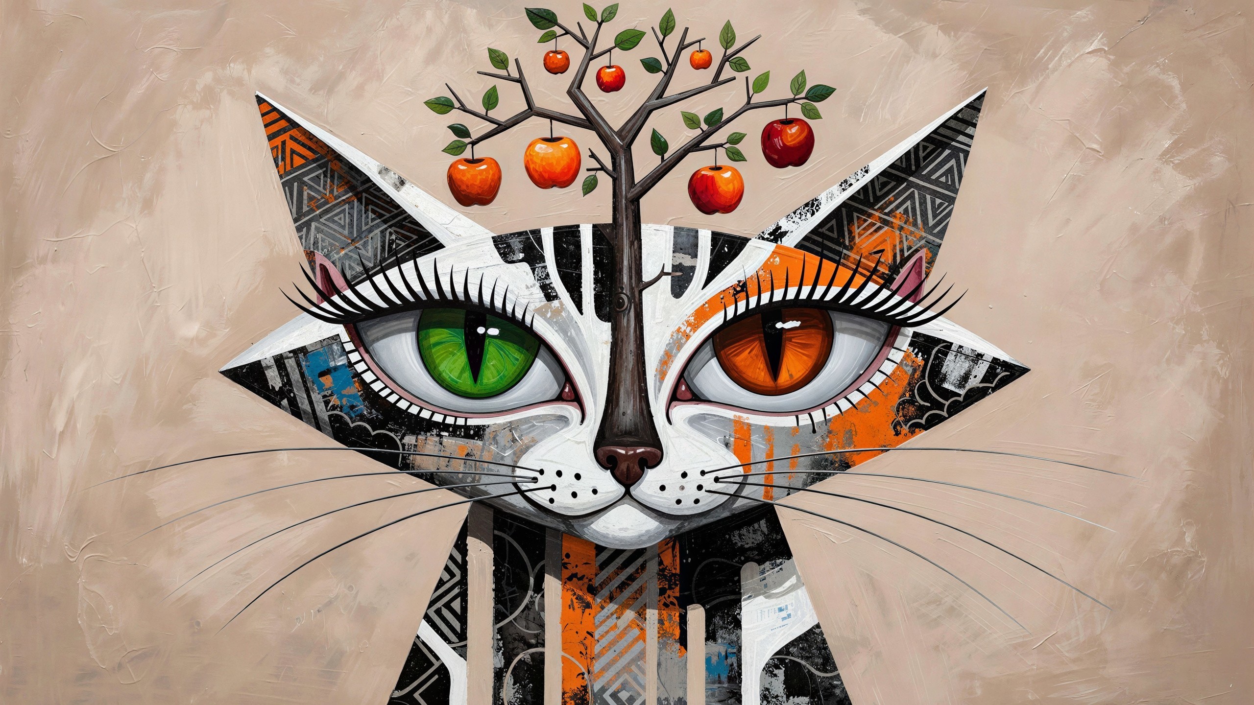 Abstract Cat with Tree on Beige Background