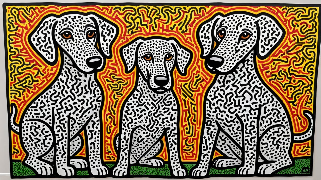Stylized Dogs with Black Spots on Vibrant Background