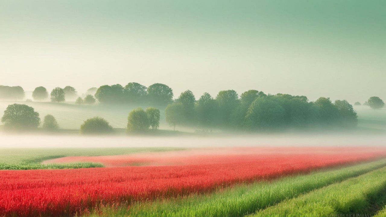 Vibrant Red Field in Serene Rural Landscape