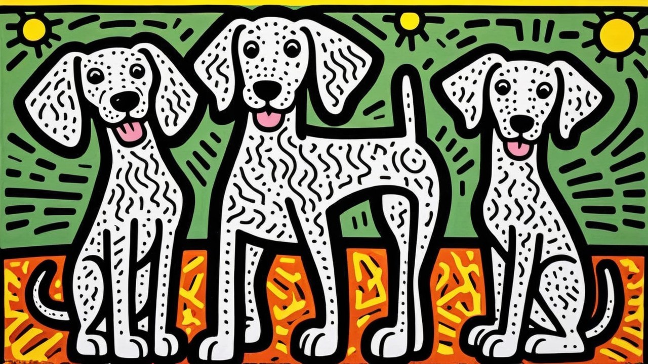 Artistic depiction of three playful dogs in vibrant colors