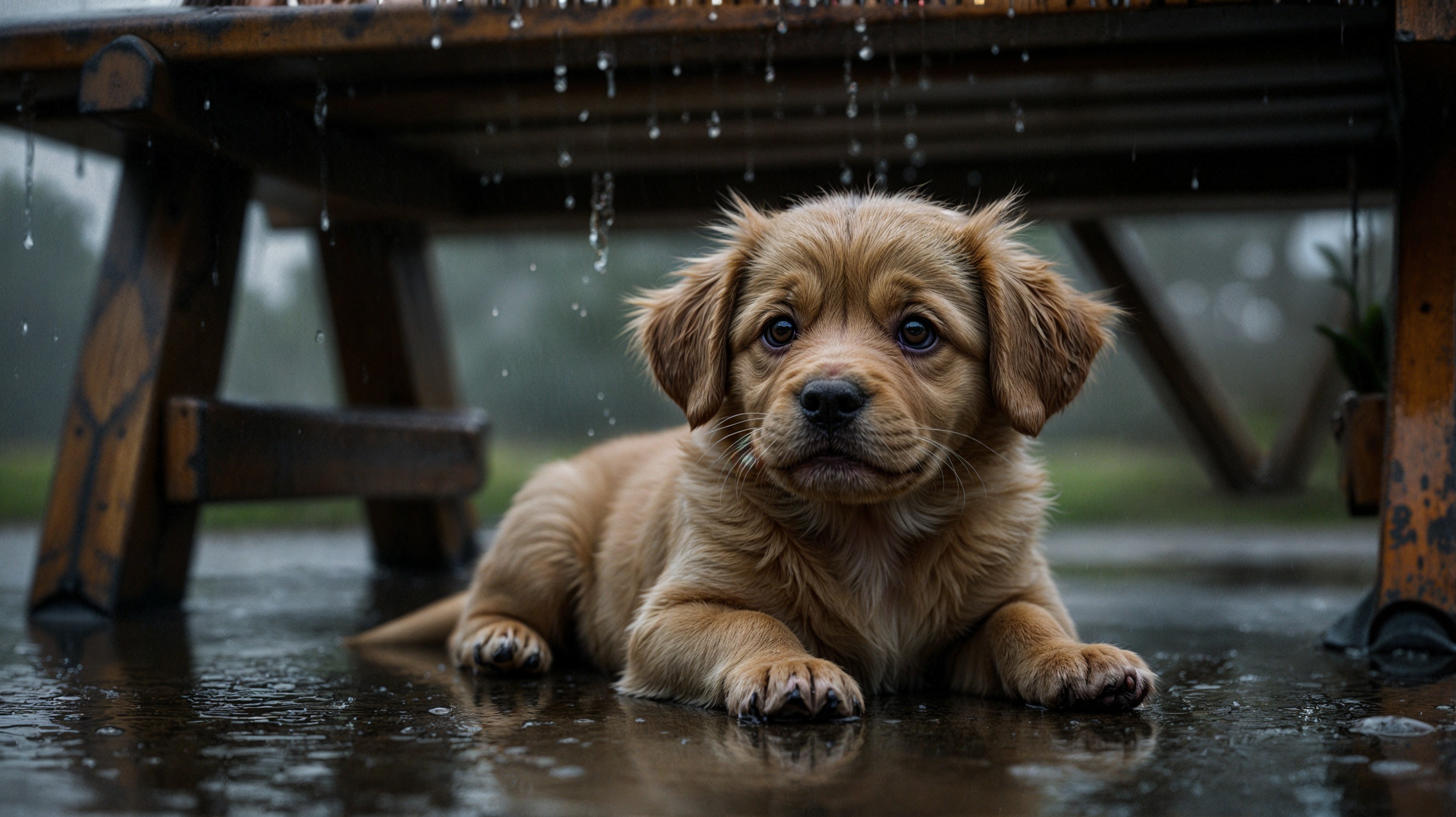 Golden Puppy on Wet Surface in Serene Outdoor Setting