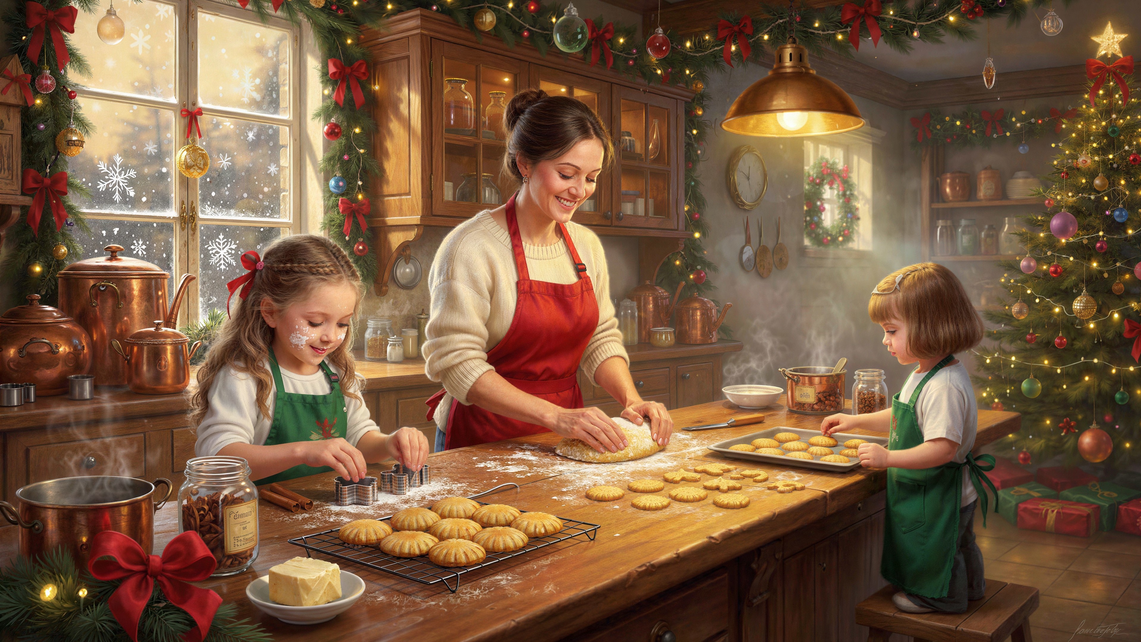 Joyful Christmas Baking Scene in Rustic Kitchen
