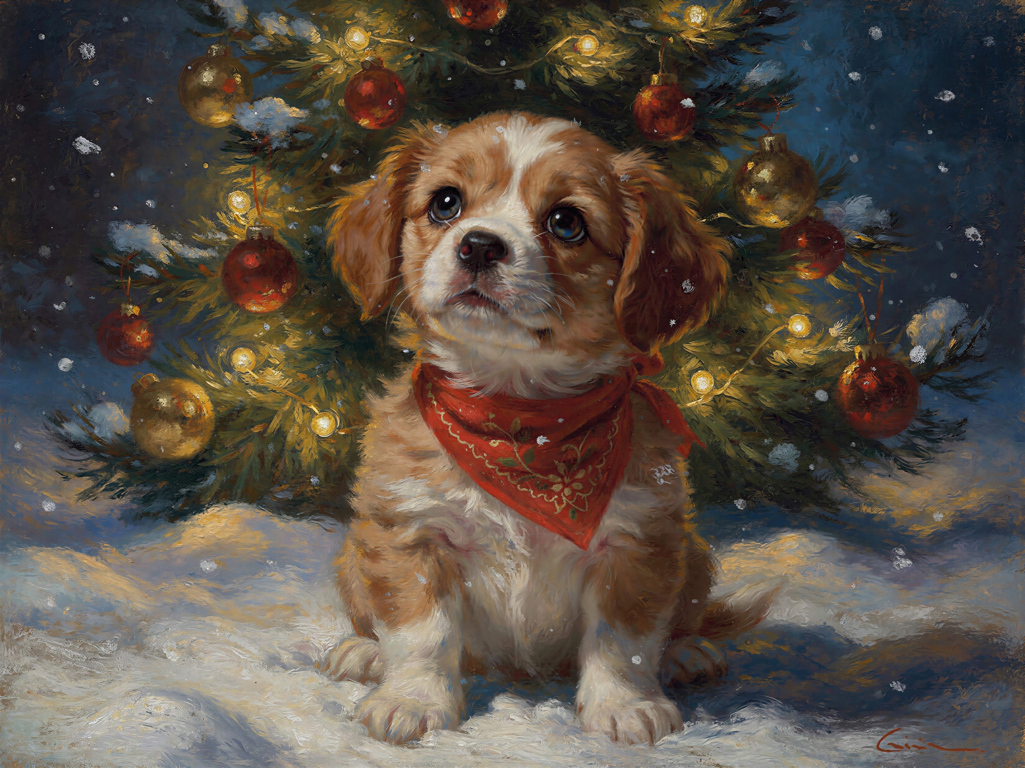 Fluffy Puppy in Snow with Christmas Tree Decorated