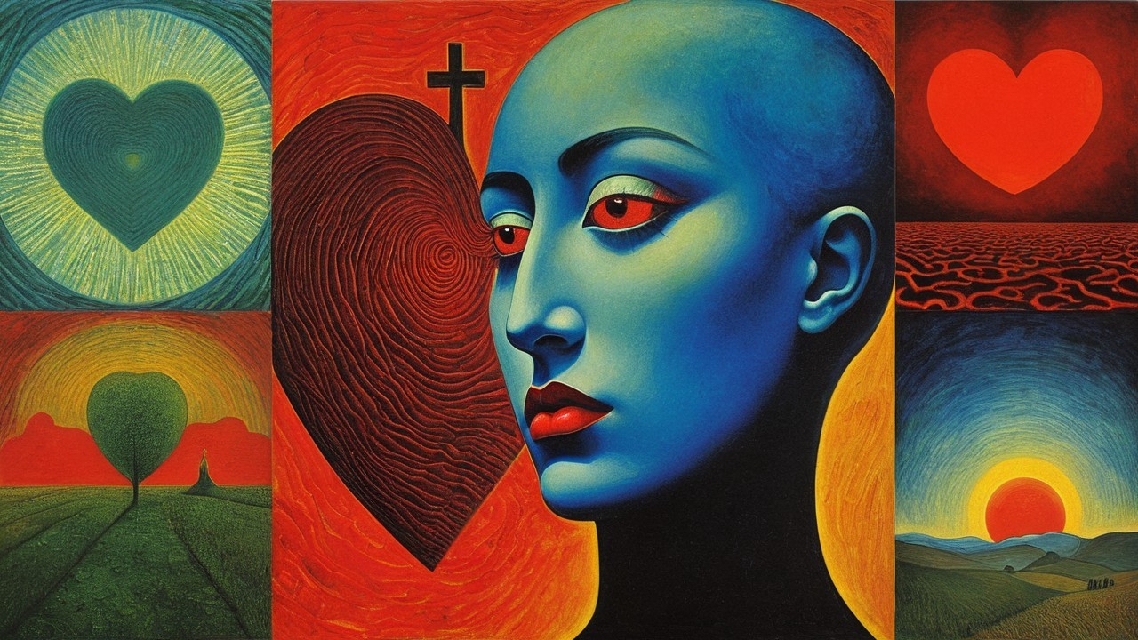 Surreal Artwork of Blue Figure Against Colorful Hearts