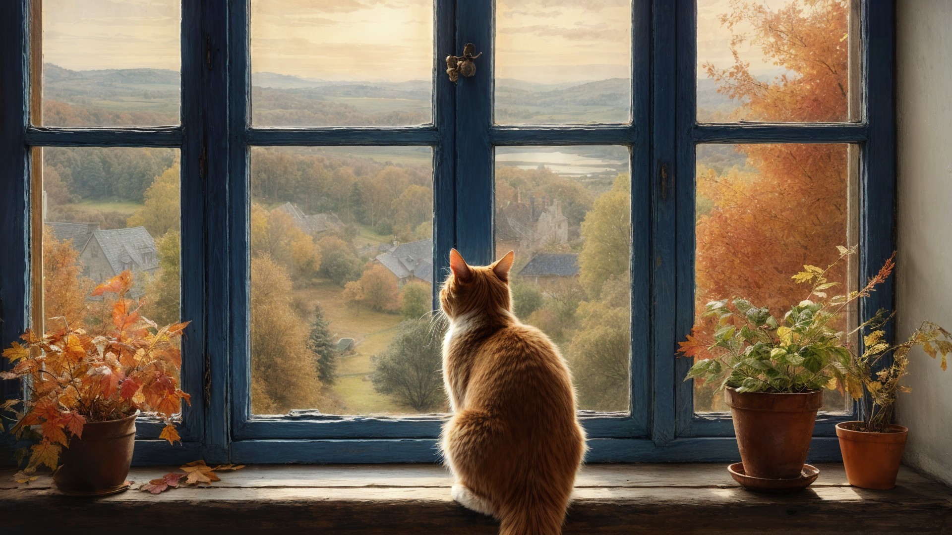 Ginger Cat on Windowsill Overlooking Autumn Landscape