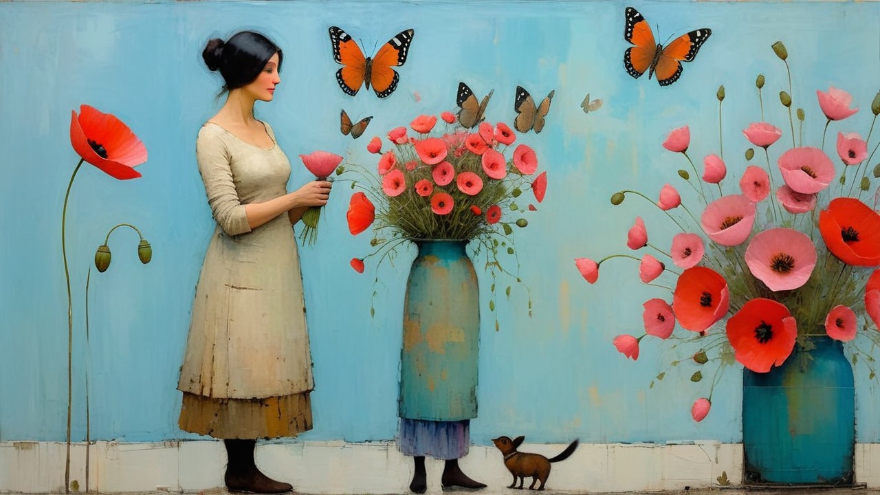 Whimsical Scene of Woman and Child with Bouquets