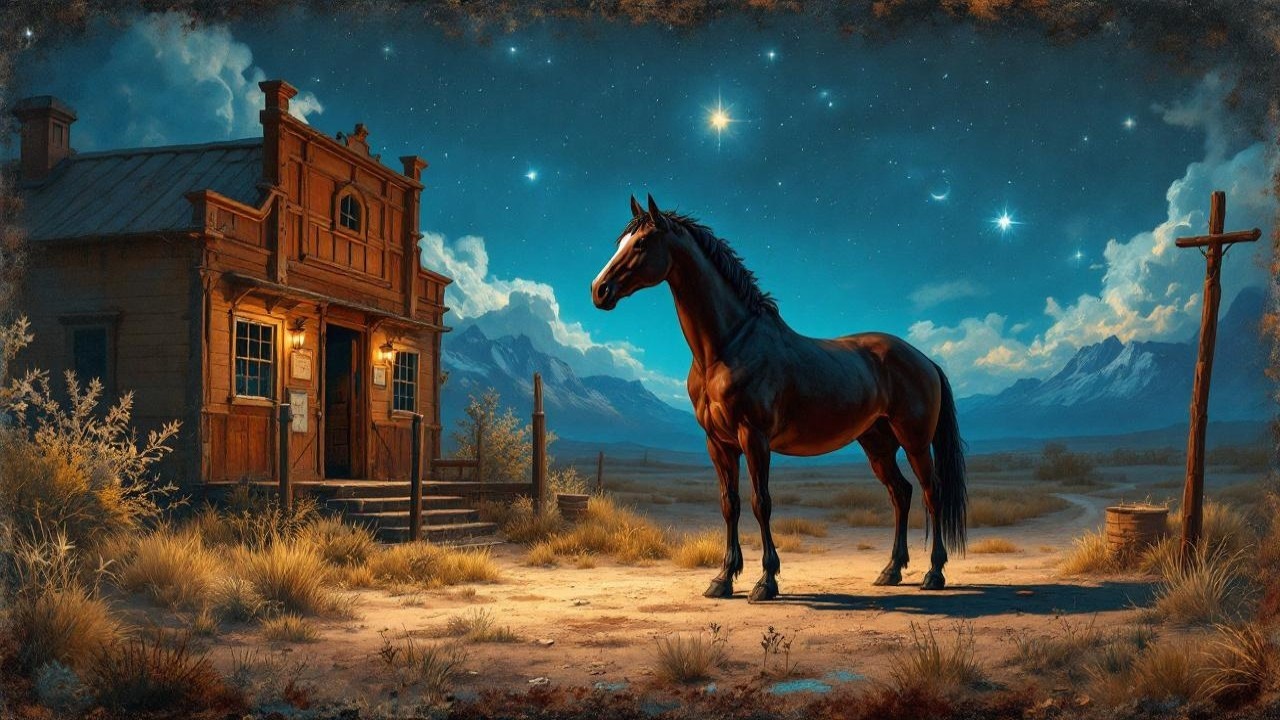 Majestic black horse in serene starlit landscape
