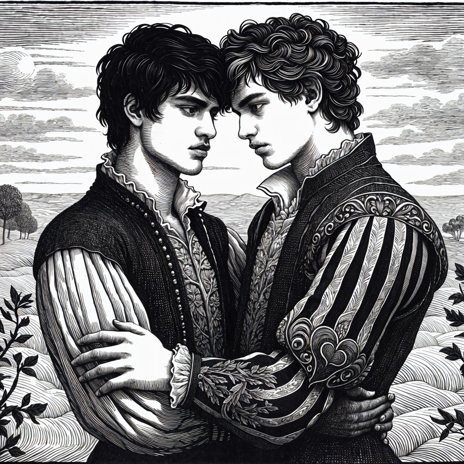 Young Men in Historical Garments Embracing in Nature