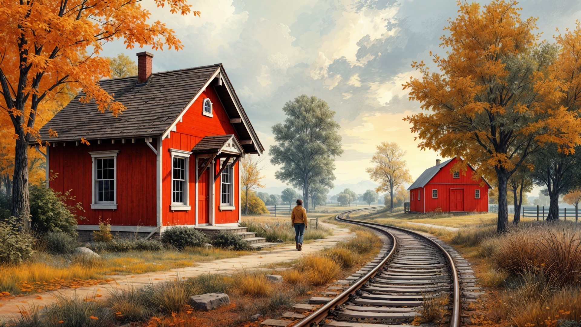 Autumn Landscape with Red House and Vibrant Trees