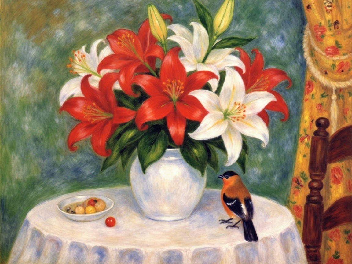 Vibrant Still Life with Lilies and Fruits on Table