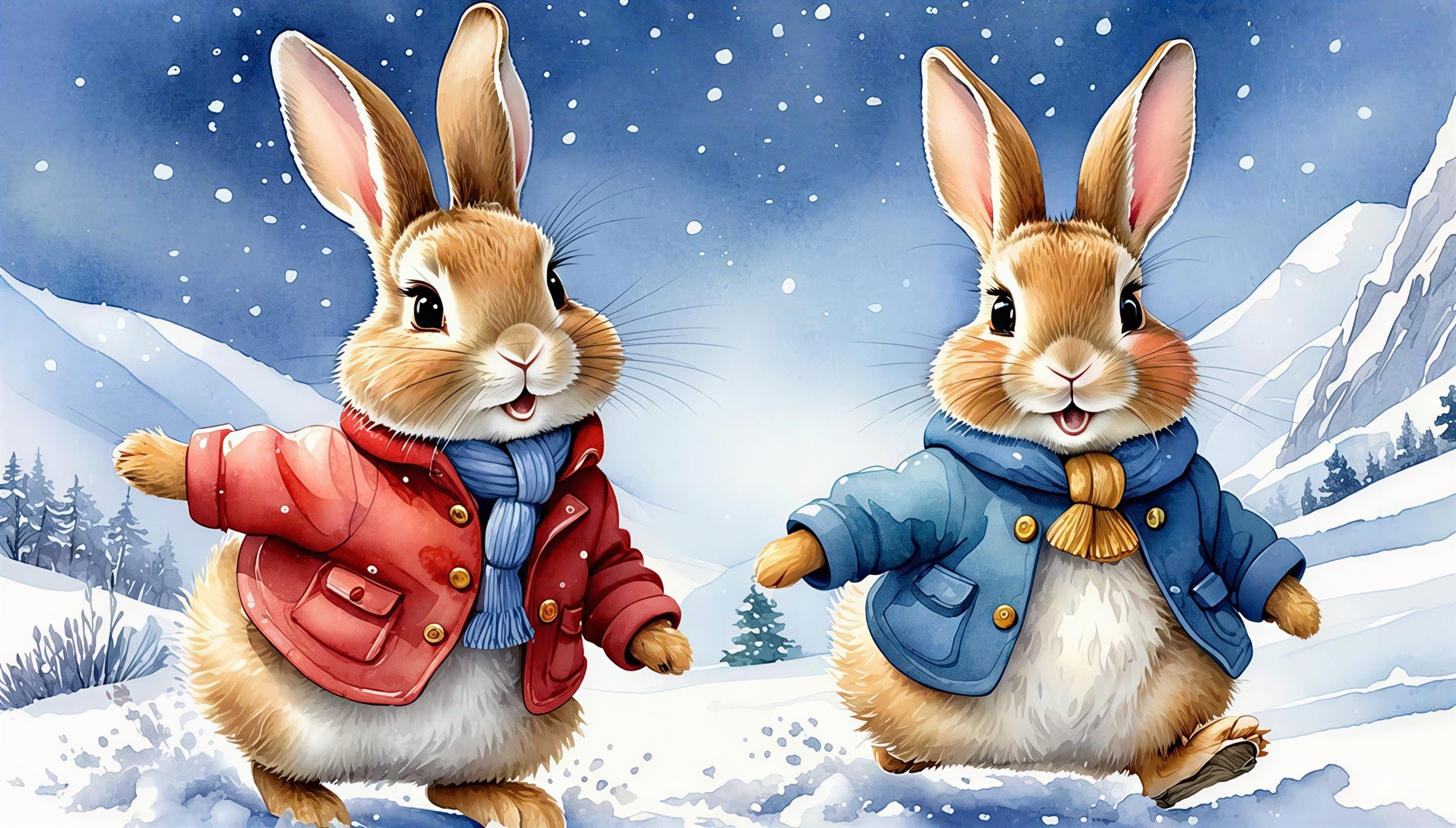 Cartoon Bunnies in Winter Scene with Snowy Landscape