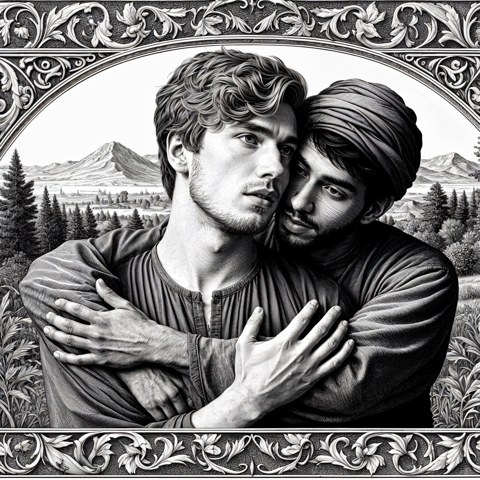 Men Embracing in Scenic Mountain Landscape with Floral Border
