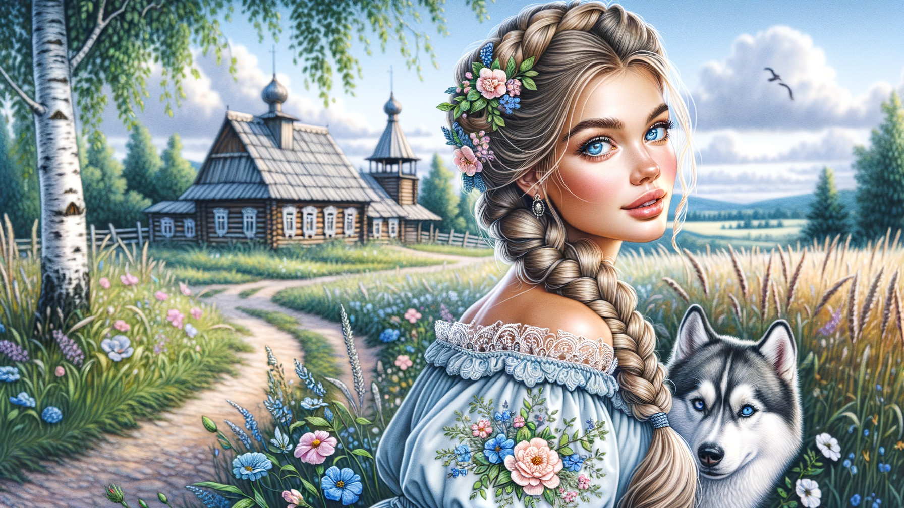Young Woman with Wolf in Serene Rustic Landscape