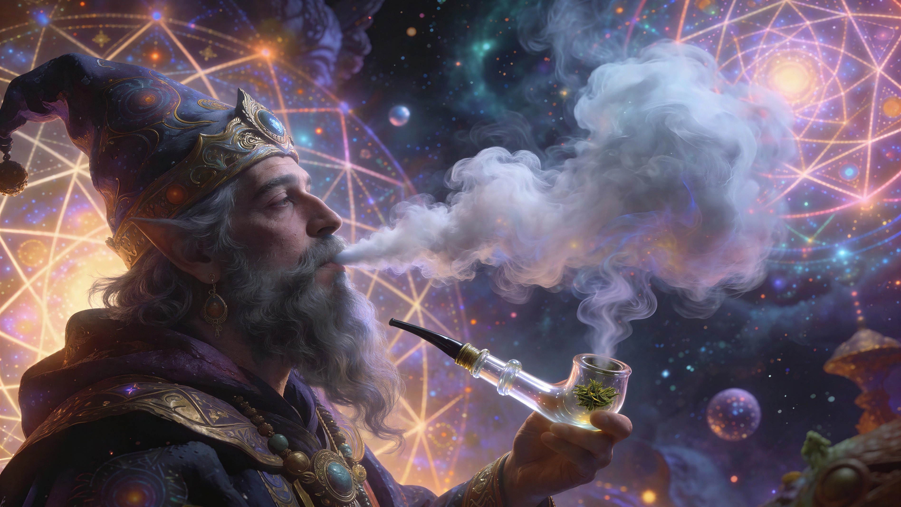 Wizard in Purple Robe Surrounded by Cosmic Patterns