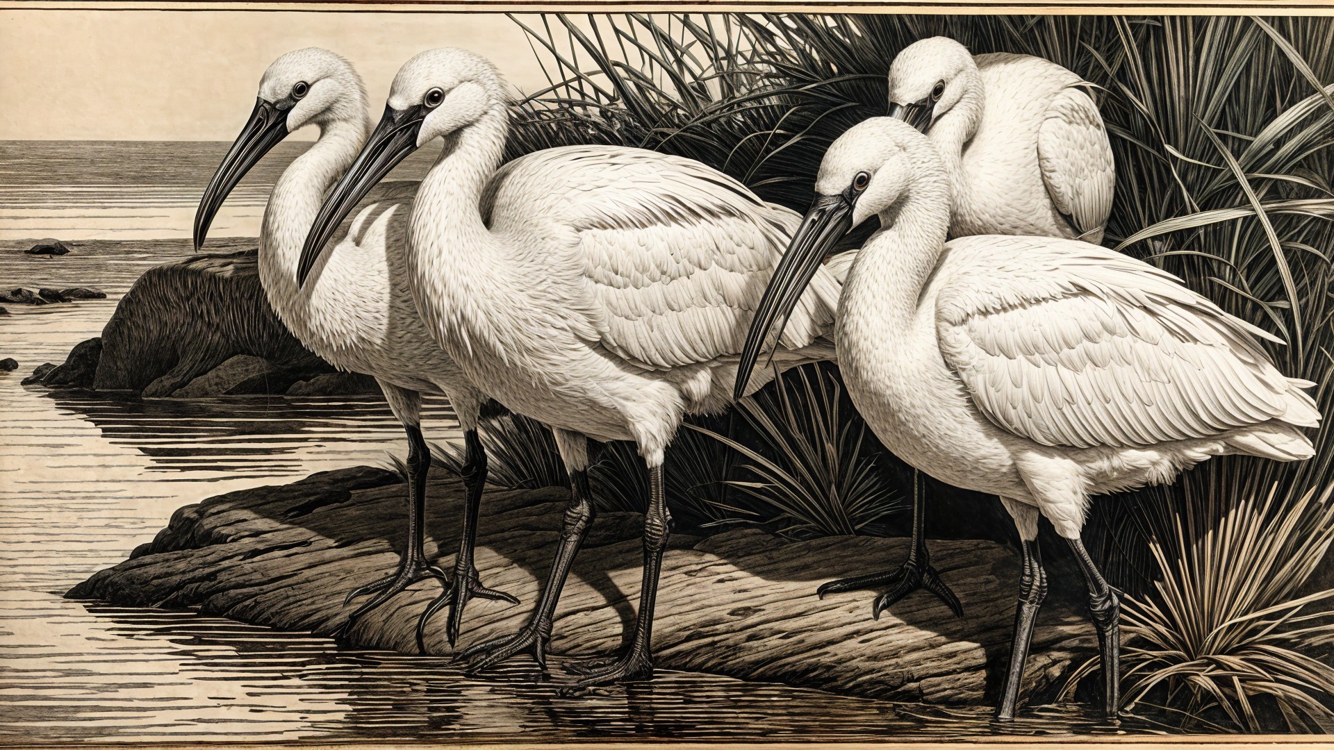 White Ibises on Rocky Shoreline with Greenery