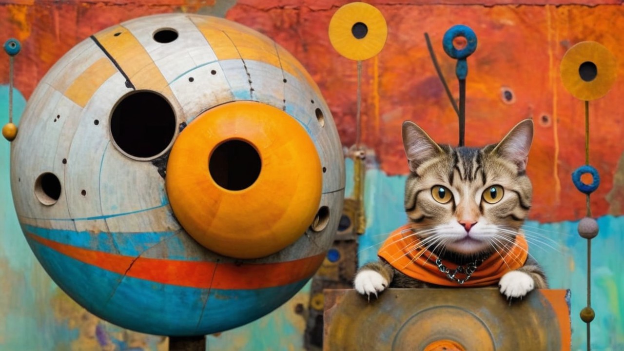 Curious Cat with Green Eyes and Abstract Sculpture