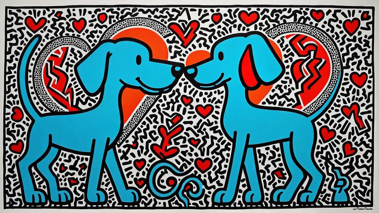 Cartoon Artwork of Two Blue Dogs with Hearts