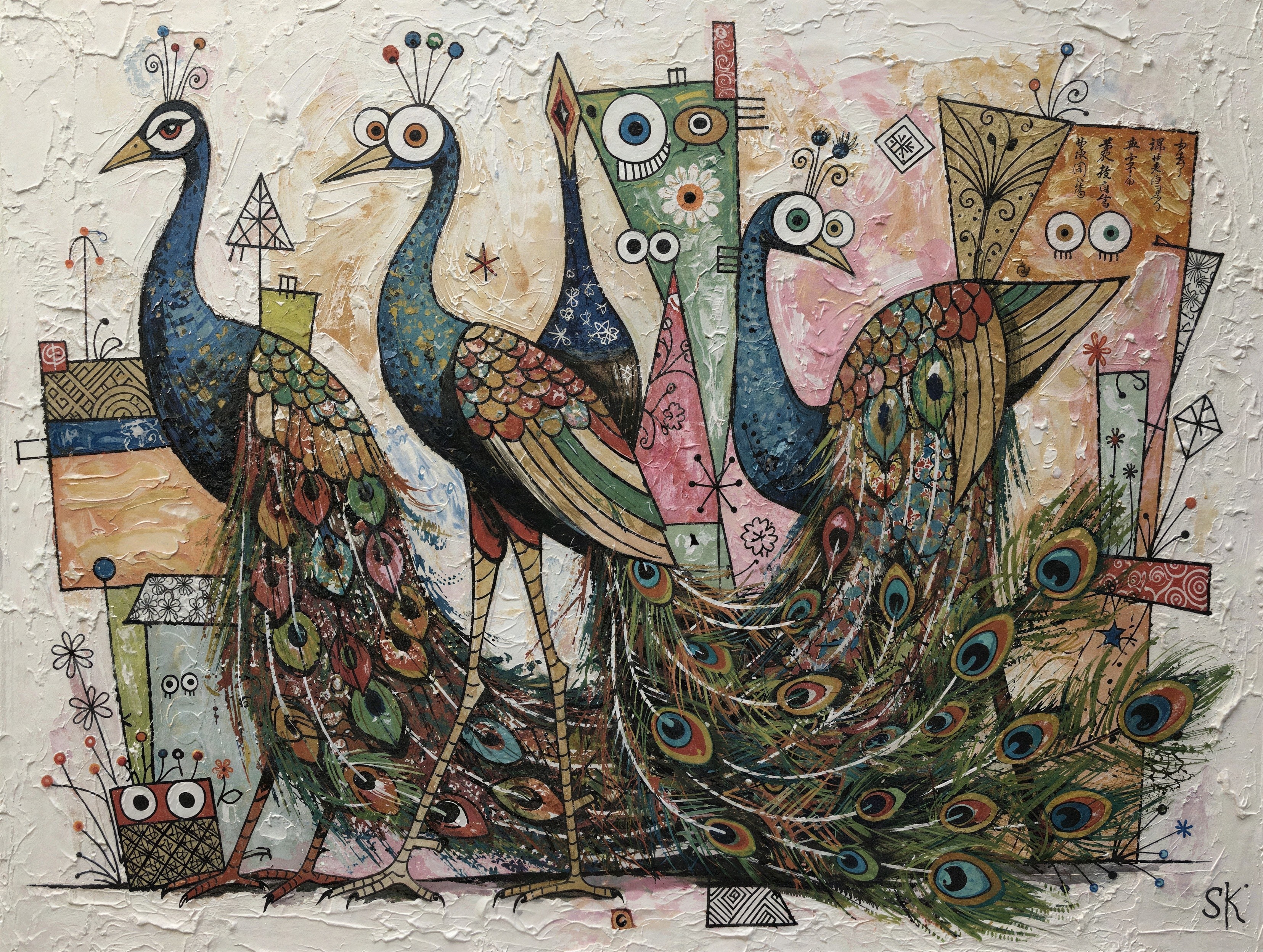 Impressionistic Painting of Five Geometric Peacocks