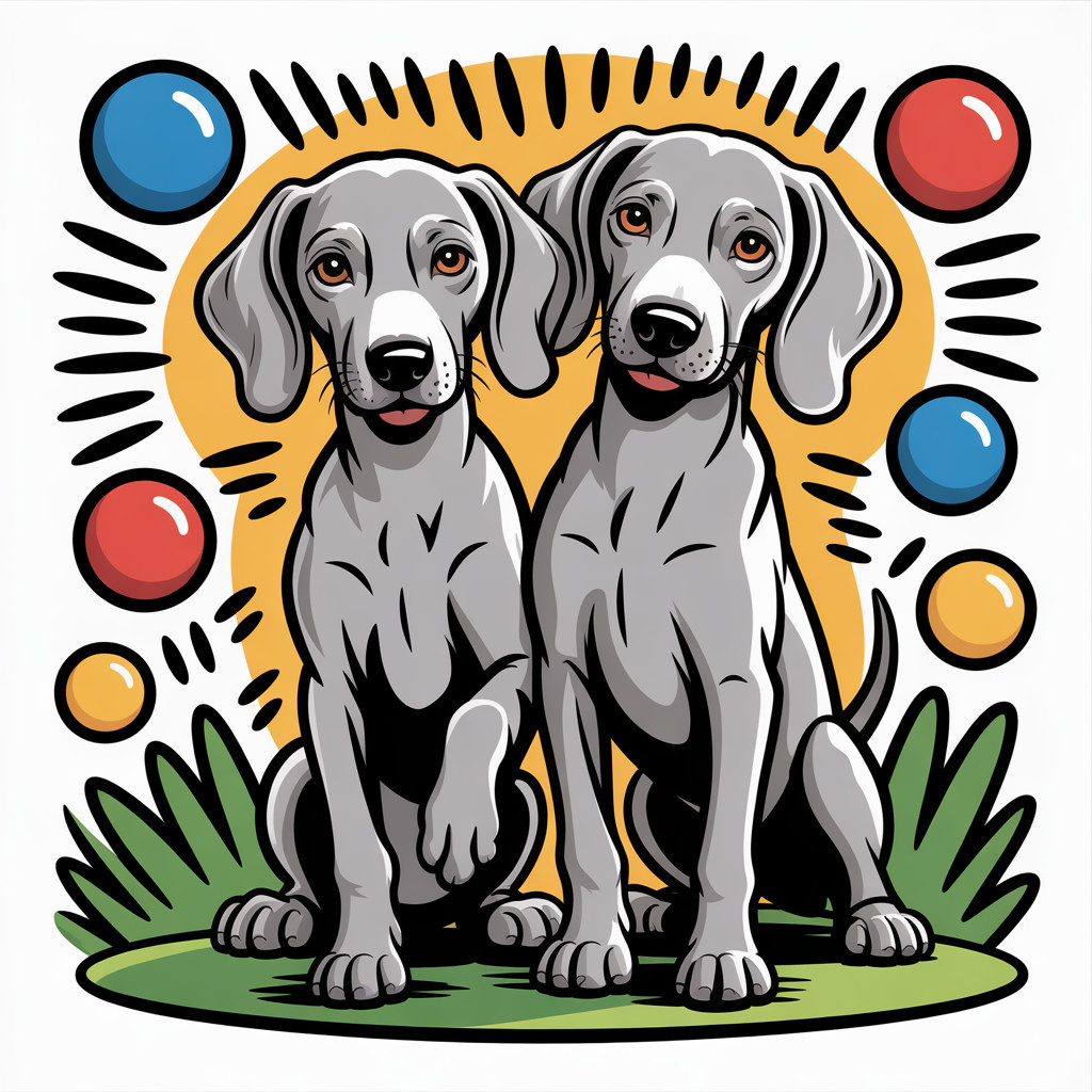 Playful gray puppies on vibrant green grass