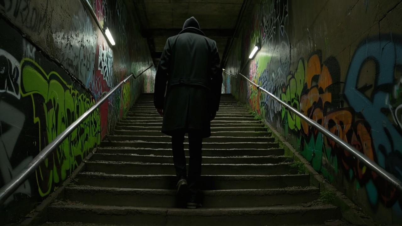 Mysterious Figure Ascending Dimly Lit Graffiti Staircase