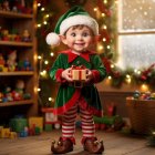 Young Child Dressed as Christmas Elf in Festive Room