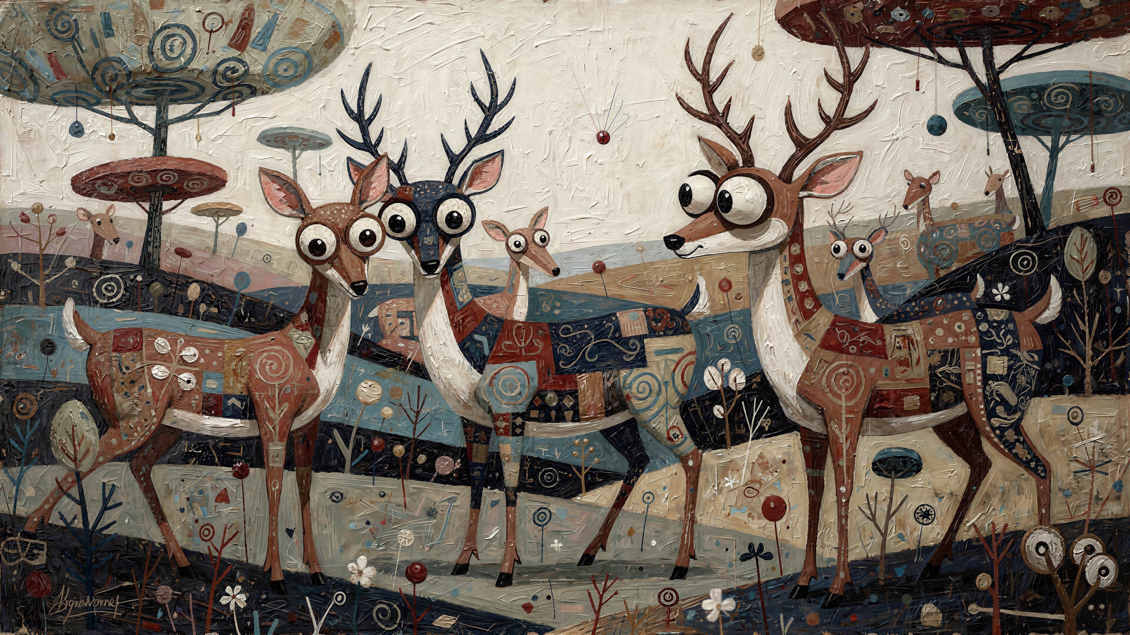Whimsical Painting of Cartoon-Style Deer in Landscape