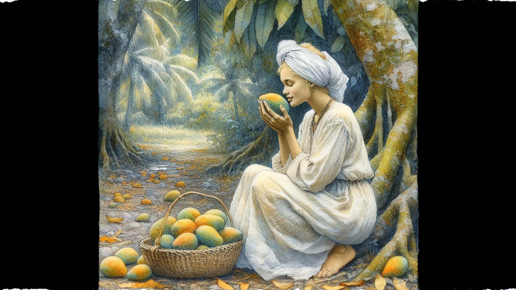 Serene Woman with Mangoes in Tropical Setting