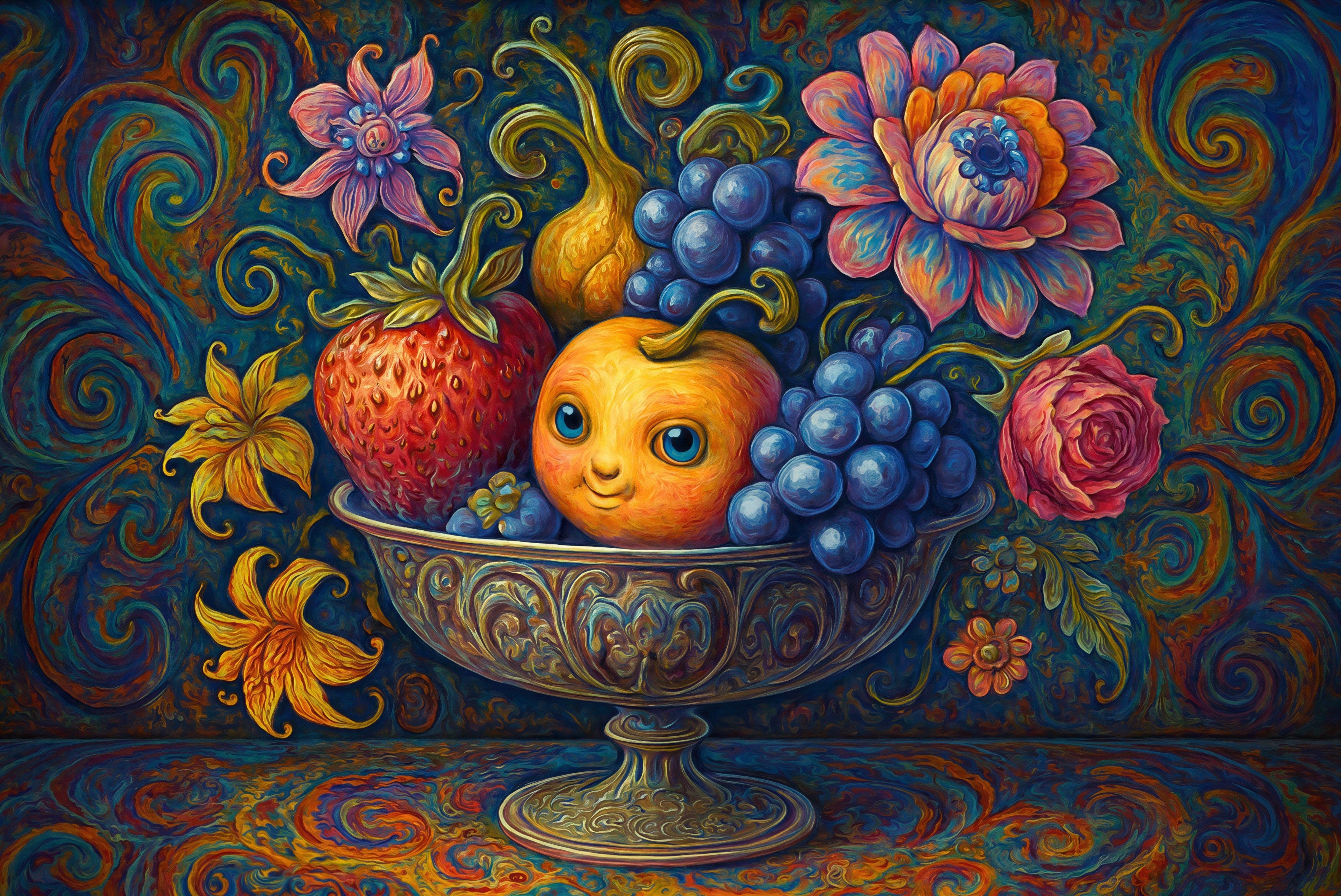 Surrealist Oil Painting of a Colorful Fruit Bowl