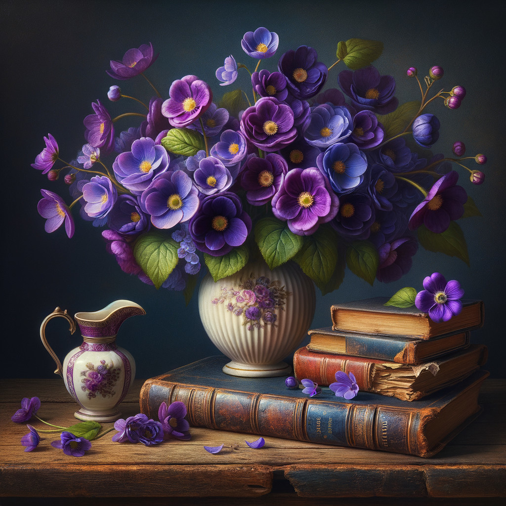 Purple Flowers in White Vase with Antique Books