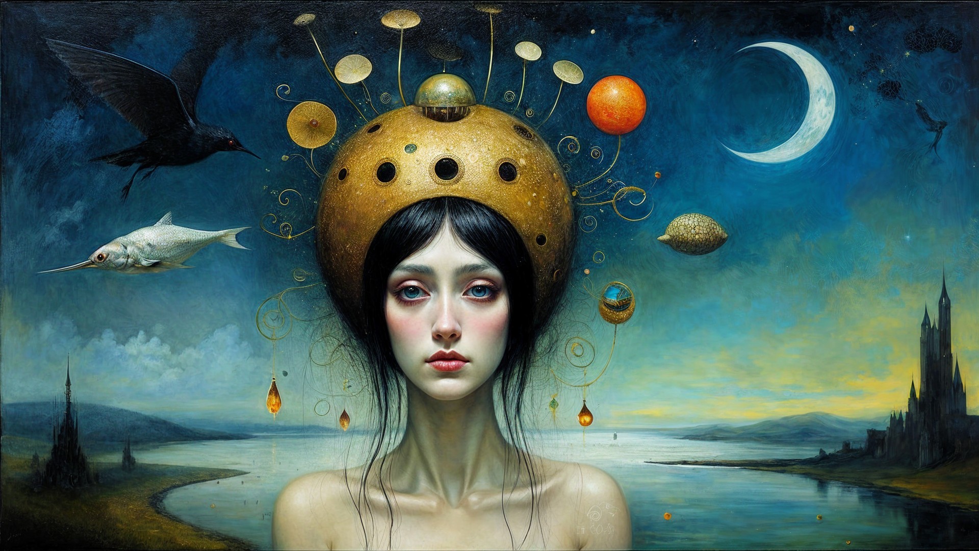 Young Woman with Celestial Headpiece in Twilight Scene