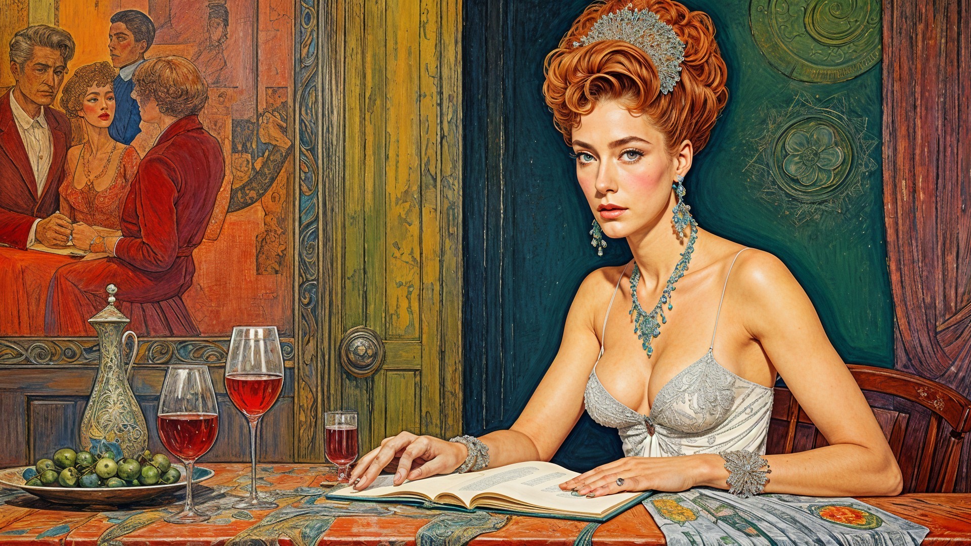 Elegant Woman at Decorated Table with Wine and Book